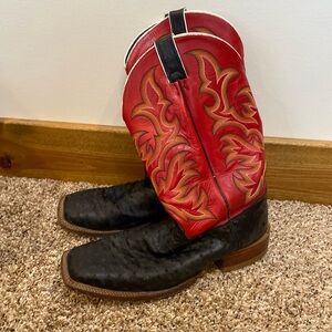 Justin Men's Full Quill Ostrich Red Size 13 D Square Toe Leather Western Cowboy